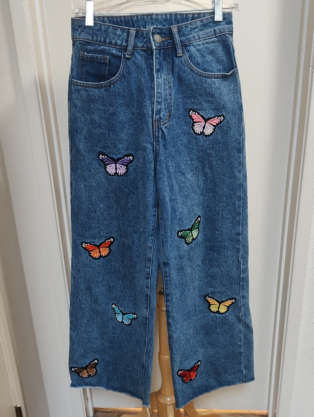 Denim Wide-Leg Jeans with Colorful Butterfly Patches Size 26